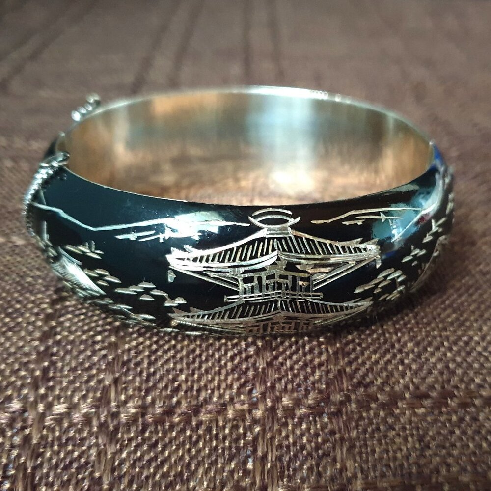 Vintage Japanese Damascene Niello Sterling Silver Pagoda Village Cuff Bangle